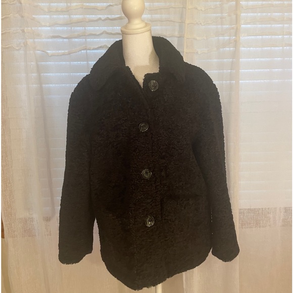 LOLA Black Faux Fur Jacket, Made in Italy Front Buttons Closure, Size L Pockets - Picture 1 of 16
